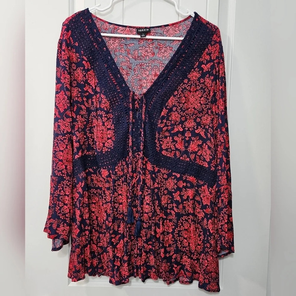 torrid Tops - Torrid Red/Blue Boho V-neck Long Sleeve Tunic-Size 1 (14/16, 1X)